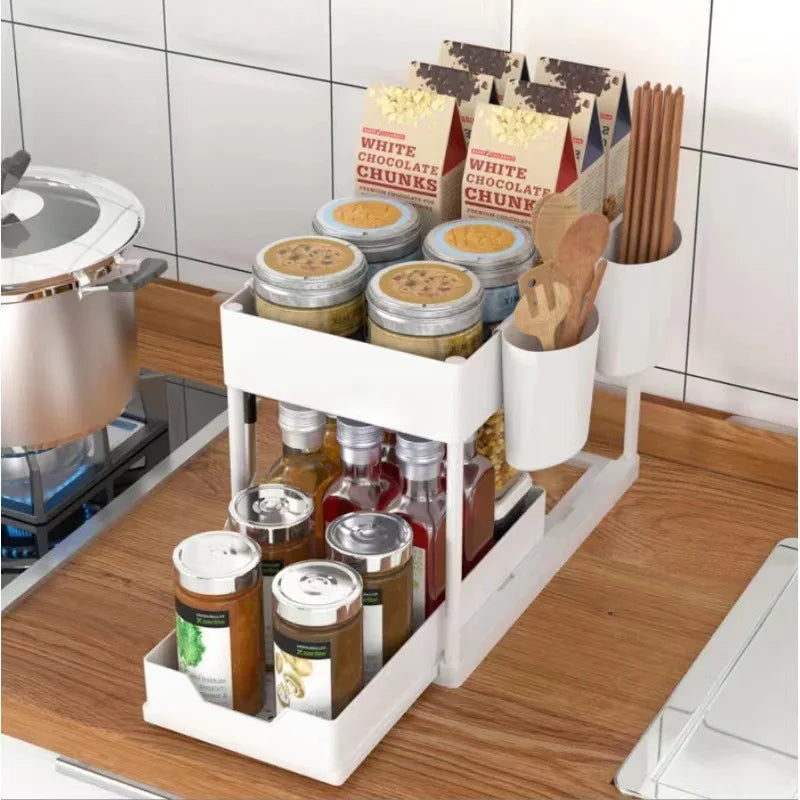 Organiseur Sous Évier Coulissant 2 Niveaux – Rangement de Cuisine & Salle de Bain avec Crochets et Gobelets Suspendus