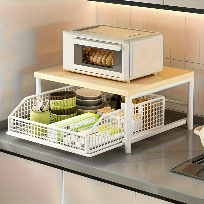 Étagère de rangement 2 niveaux pour plan de travail – Bois & Métal (avec tiroirs)