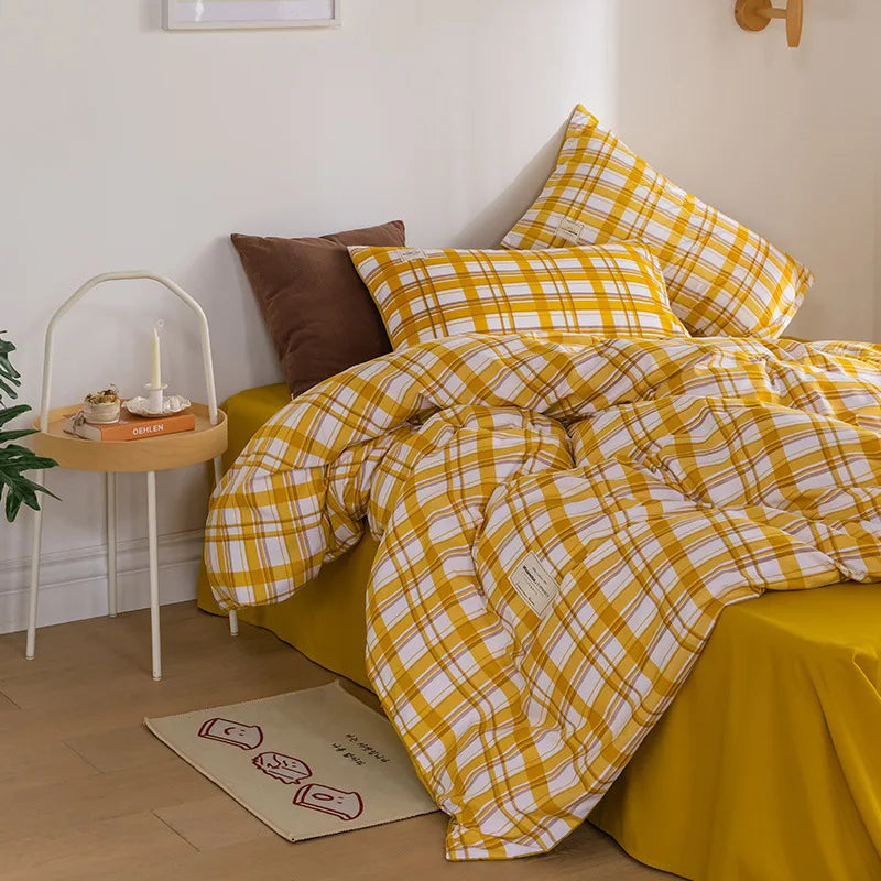 Parure de Lit Style Japonais Motif Écossais en Coton Lavé – Housse de Couette, Drap & Taies d'Oreiller (Parure 4 Pièces)