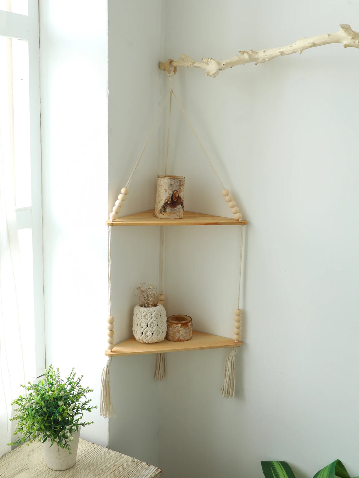 Étagère Murale Suspendue en Bois et Macramé - Style Boho