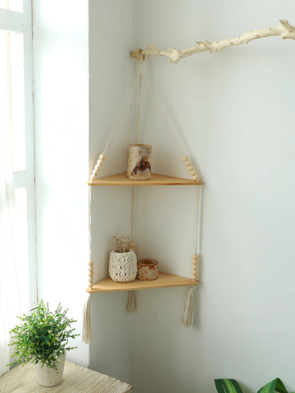 Étagère Murale Suspendue en Bois et Macramé - Style Boho