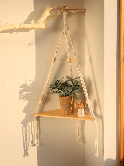 Étagère Murale Suspendue en Bois et Macramé - Style Boho