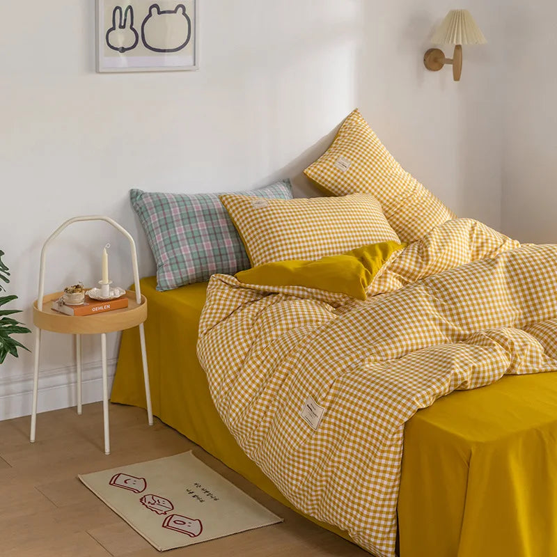 Parure de Lit Style Japonais Motif Écossais en Coton Lavé – Housse de Couette, Drap & Taies d'Oreiller (Parure 4 Pièces)