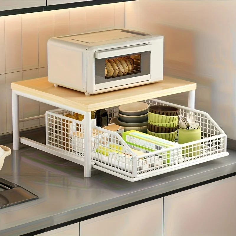 Étagère de rangement 2 niveaux pour plan de travail – Bois & Métal (avec tiroirs)
