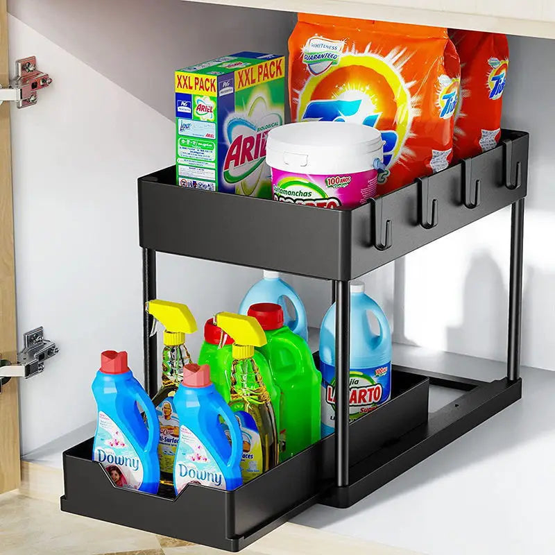 Organiseur Sous Évier Coulissant 2 Niveaux – Rangement de Cuisine & Salle de Bain avec Crochets et Gobelets Suspendus