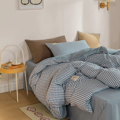 Parure de Lit Style Japonais Motif Écossais en Coton Lavé – Housse de Couette, Drap & Taies d'Oreiller (Parure 4 Pièces)