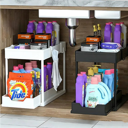 Organiseur Sous Évier Coulissant 2 Niveaux – Rangement de Cuisine & Salle de Bain avec Crochets et Gobelets Suspendus