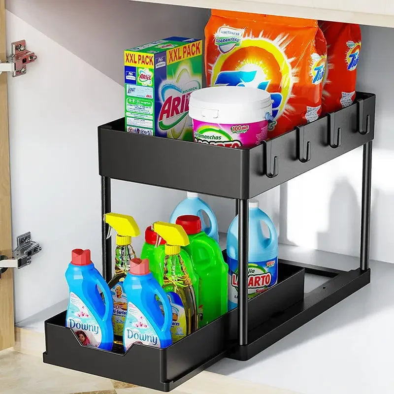 Organiseur Sous Évier Coulissant 2 Niveaux – Rangement de Cuisine & Salle de Bain avec Crochets et Gobelets Suspendus