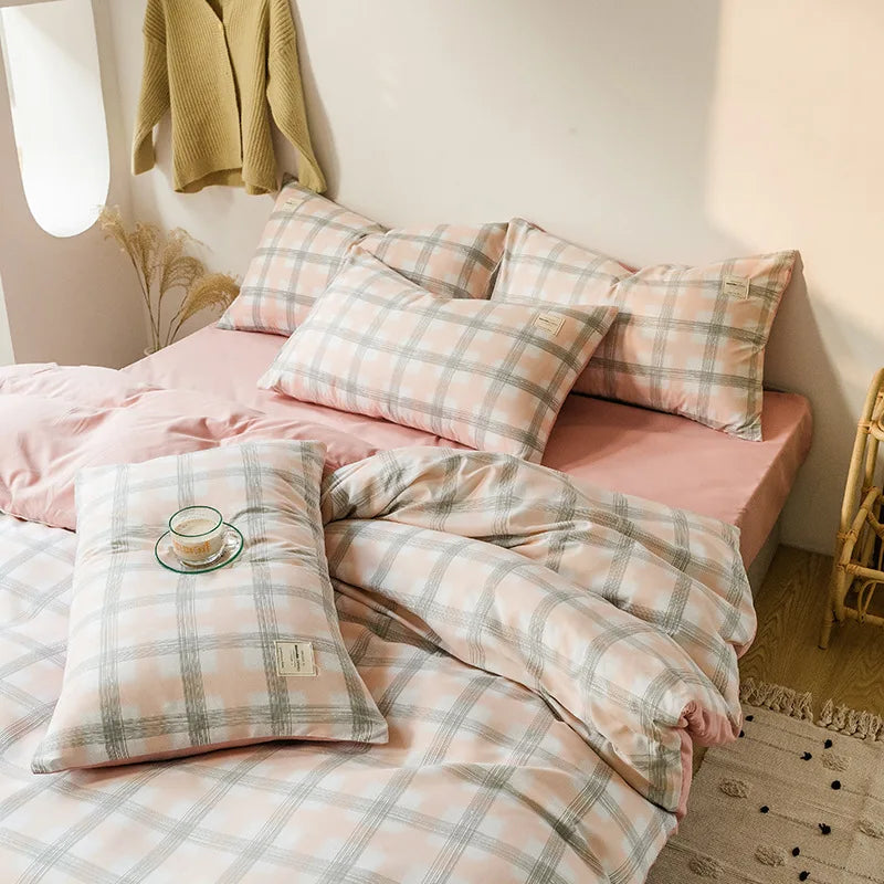 Parure de Lit Style Japonais Motif Écossais en Coton Lavé – Housse de Couette, Drap & Taies d'Oreiller (Parure 4 Pièces)