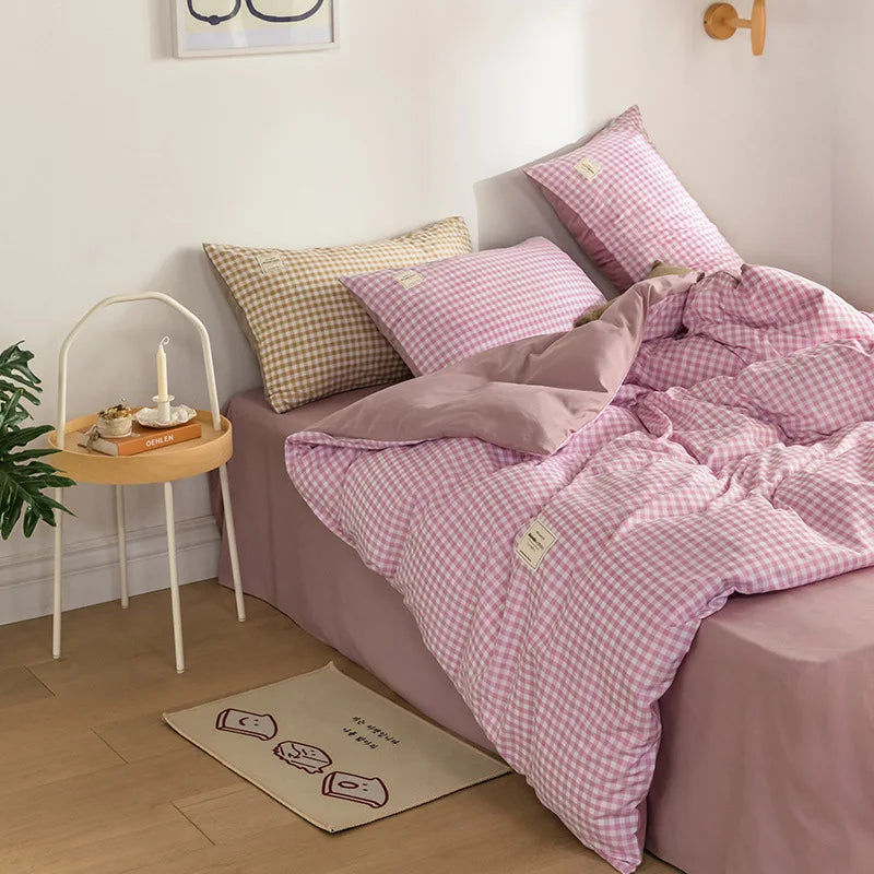 Parure de Lit Style Japonais Motif Écossais en Coton Lavé – Housse de Couette, Drap & Taies d'Oreiller (Parure 4 Pièces)