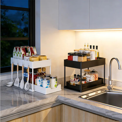 Organiseur Sous Évier Coulissant 2 Niveaux – Rangement de Cuisine & Salle de Bain avec Crochets et Gobelets Suspendus