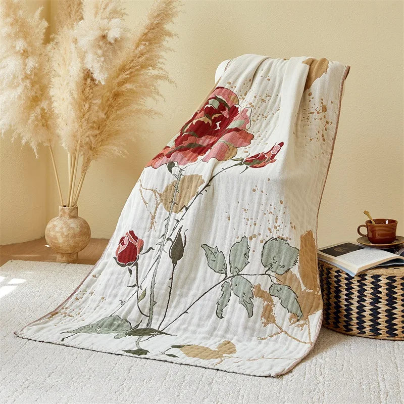 Grand drap de bain en mousseline de coton 4 épaisseurs (80 x 160 cm) – Motifs floraux