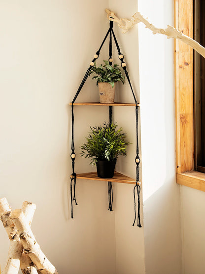 Étagère Murale Suspendue en Bois et Macramé - Style Boho