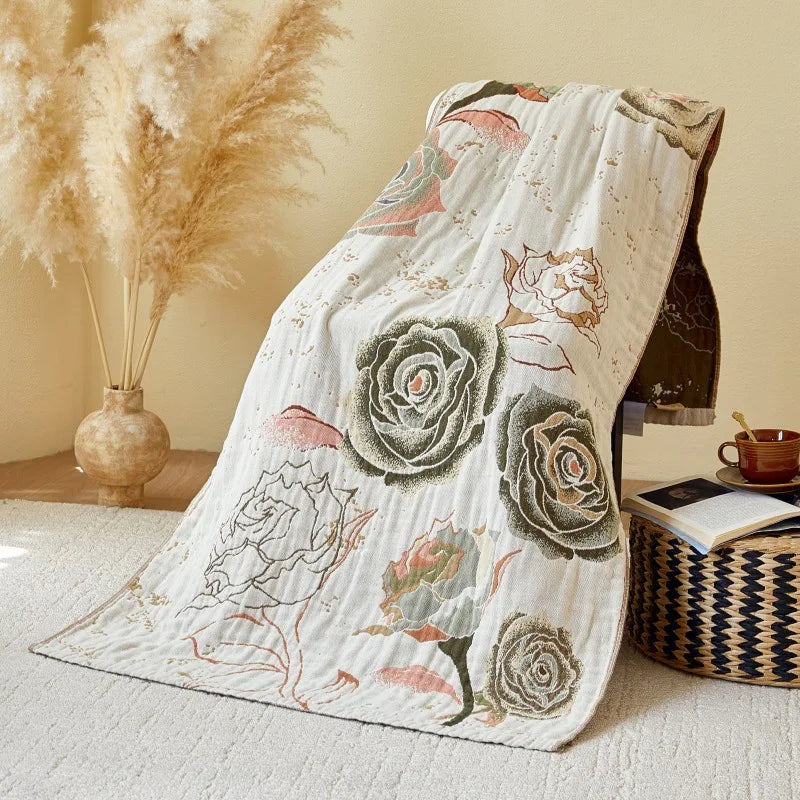 Grand drap de bain en mousseline de coton 4 épaisseurs (80 x 160 cm) – Motifs floraux
