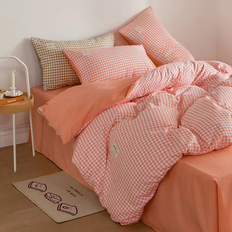 Parure de Lit Style Japonais Motif Écossais en Coton Lavé – Housse de Couette, Drap & Taies d'Oreiller (Parure 4 Pièces)