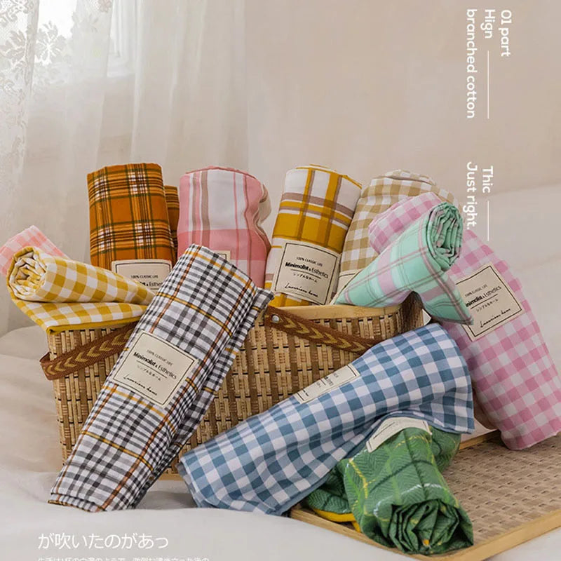 Parure de Lit Style Japonais Motif Écossais en Coton Lavé – Housse de Couette, Drap & Taies d'Oreiller (Parure 4 Pièces)