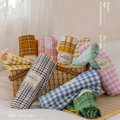 Parure de Lit Style Japonais Motif Écossais en Coton Lavé – Housse de Couette, Drap & Taies d'Oreiller (Parure 4 Pièces)