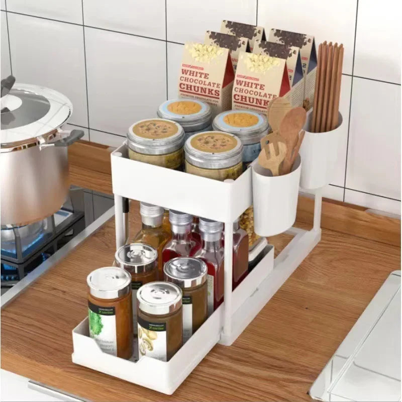 Organiseur Sous Évier Coulissant 2 Niveaux – Rangement de Cuisine & Salle de Bain avec Crochets et Gobelets Suspendus