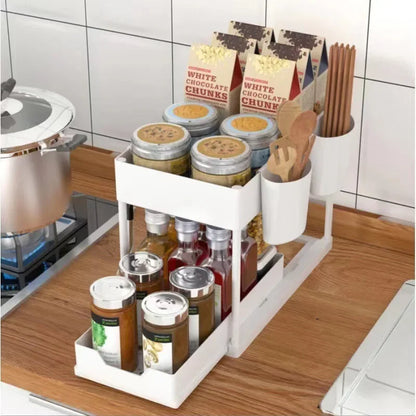 Organiseur Sous Évier Coulissant 2 Niveaux – Rangement de Cuisine & Salle de Bain avec Crochets et Gobelets Suspendus