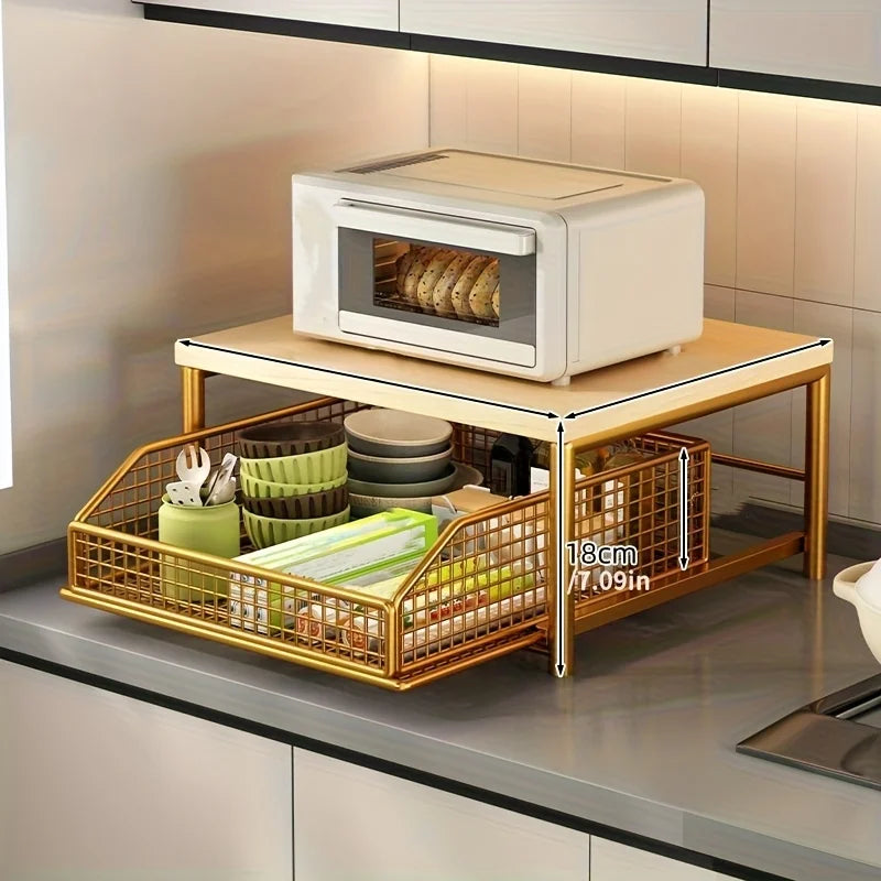 Étagère de rangement 2 niveaux pour plan de travail – Bois & Métal (avec tiroirs)