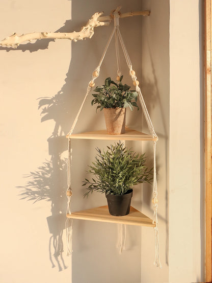 Étagère Murale Suspendue en Bois et Macramé - Style Boho