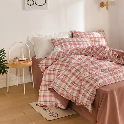 Parure de Lit Style Japonais Motif Écossais en Coton Lavé – Housse de Couette, Drap & Taies d'Oreiller (Parure 4 Pièces)