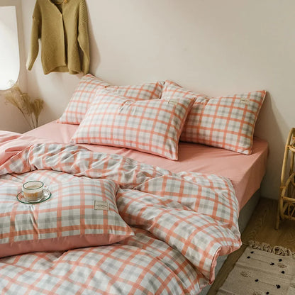 Parure de Lit Style Japonais Motif Écossais en Coton Lavé – Housse de Couette, Drap & Taies d'Oreiller (Parure 4 Pièces)