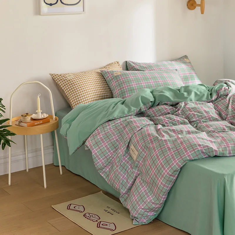 Parure de Lit Style Japonais Motif Écossais en Coton Lavé – Housse de Couette, Drap & Taies d'Oreiller (Parure 4 Pièces)