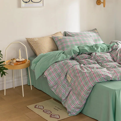 Parure de Lit Style Japonais Motif Écossais en Coton Lavé – Housse de Couette, Drap & Taies d'Oreiller (Parure 4 Pièces)