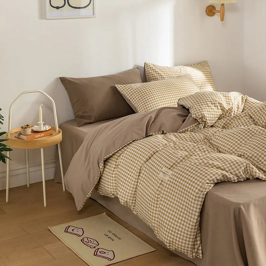 Parure de Lit Style Japonais Motif Écossais en Coton Lavé – Housse de Couette, Drap & Taies d'Oreiller (Parure 4 Pièces)