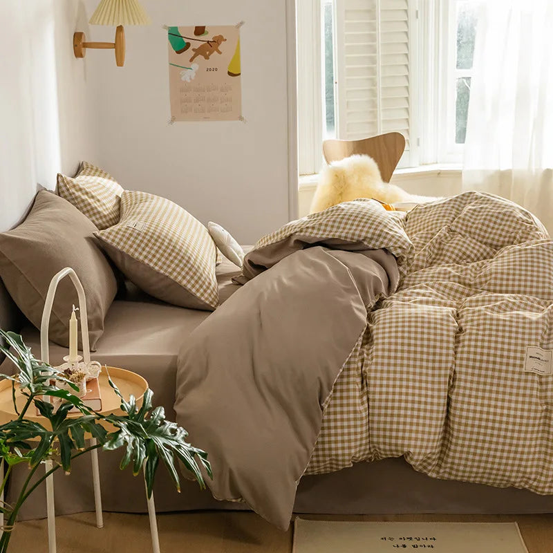 Parure de Lit Style Japonais Motif Écossais en Coton Lavé – Housse de Couette, Drap & Taies d'Oreiller (Parure 4 Pièces)