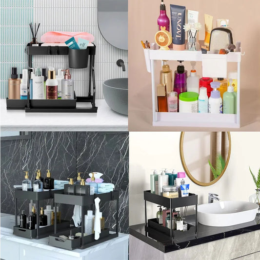 Organiseur Sous Évier Coulissant 2 Niveaux – Rangement de Cuisine & Salle de Bain avec Crochets et Gobelets Suspendus