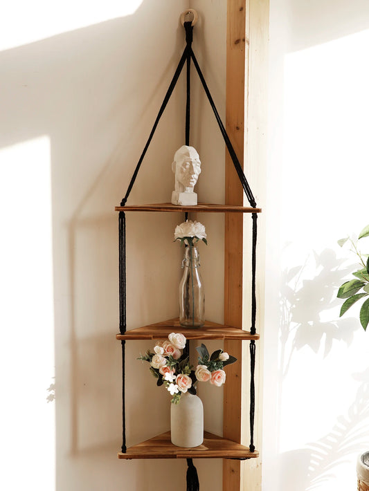 Étagère Murale Suspendue en Bois et Macramé - Style Boho