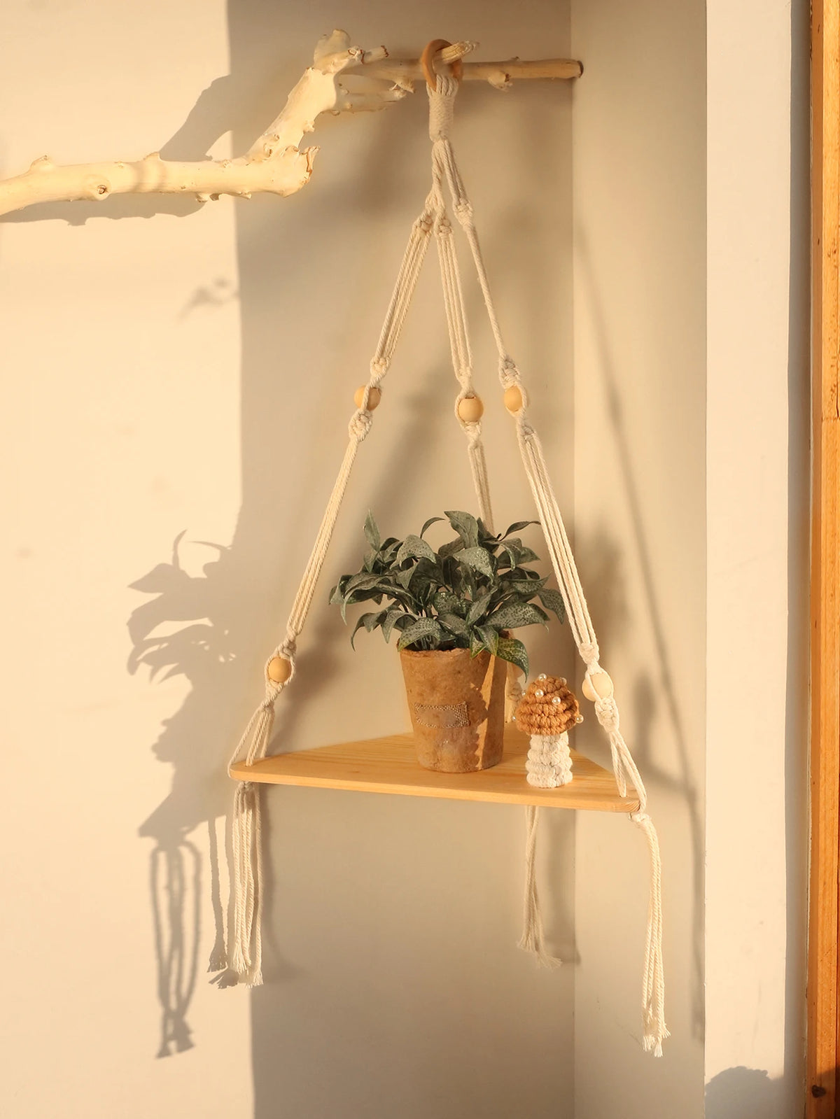 Étagère Murale Suspendue en Bois et Macramé - Style Boho
